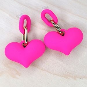 Chunky Heart Chain Link Earrings, Bright Pink, S925 Posts, Sterling Silv…
